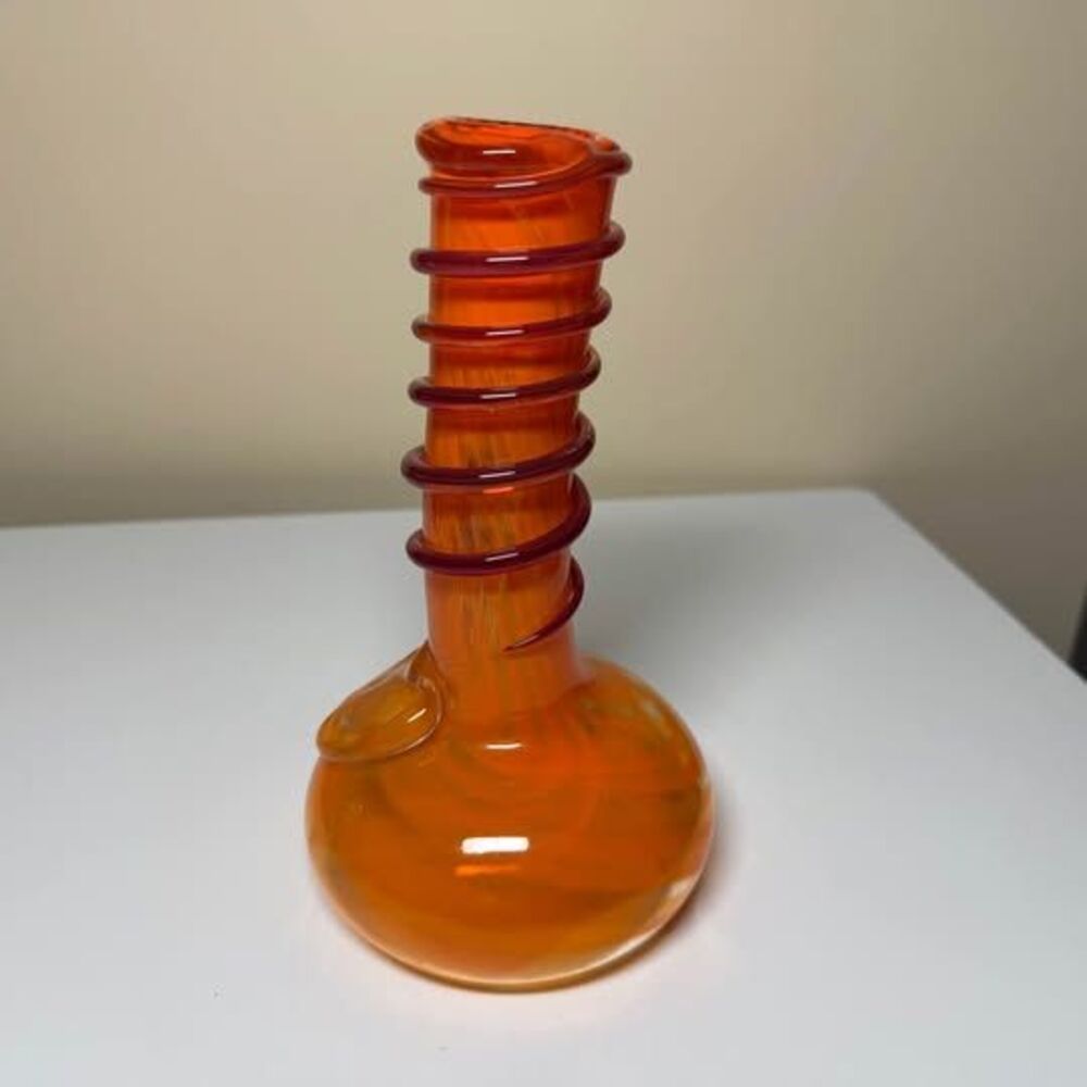Empoli-Like Orange Hand Blown Art Glass Vase Red Spiral Threading 8"